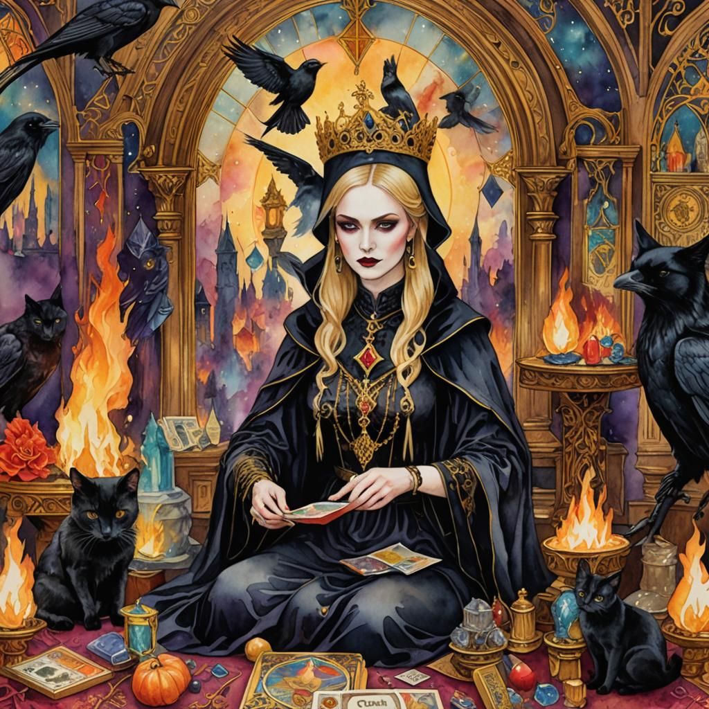 Gothic Magician with Raven in Watercolor Style