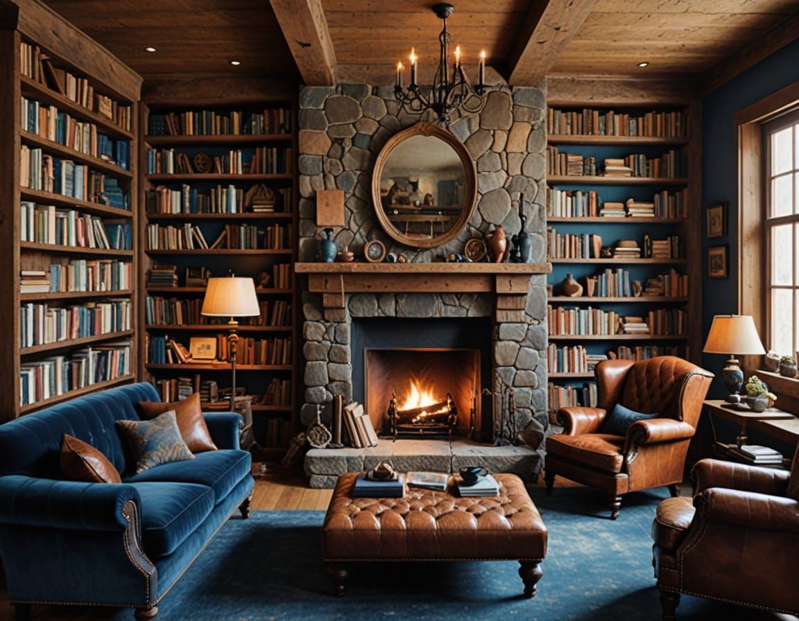 Cozy Rustic Room with Fireplace and Books