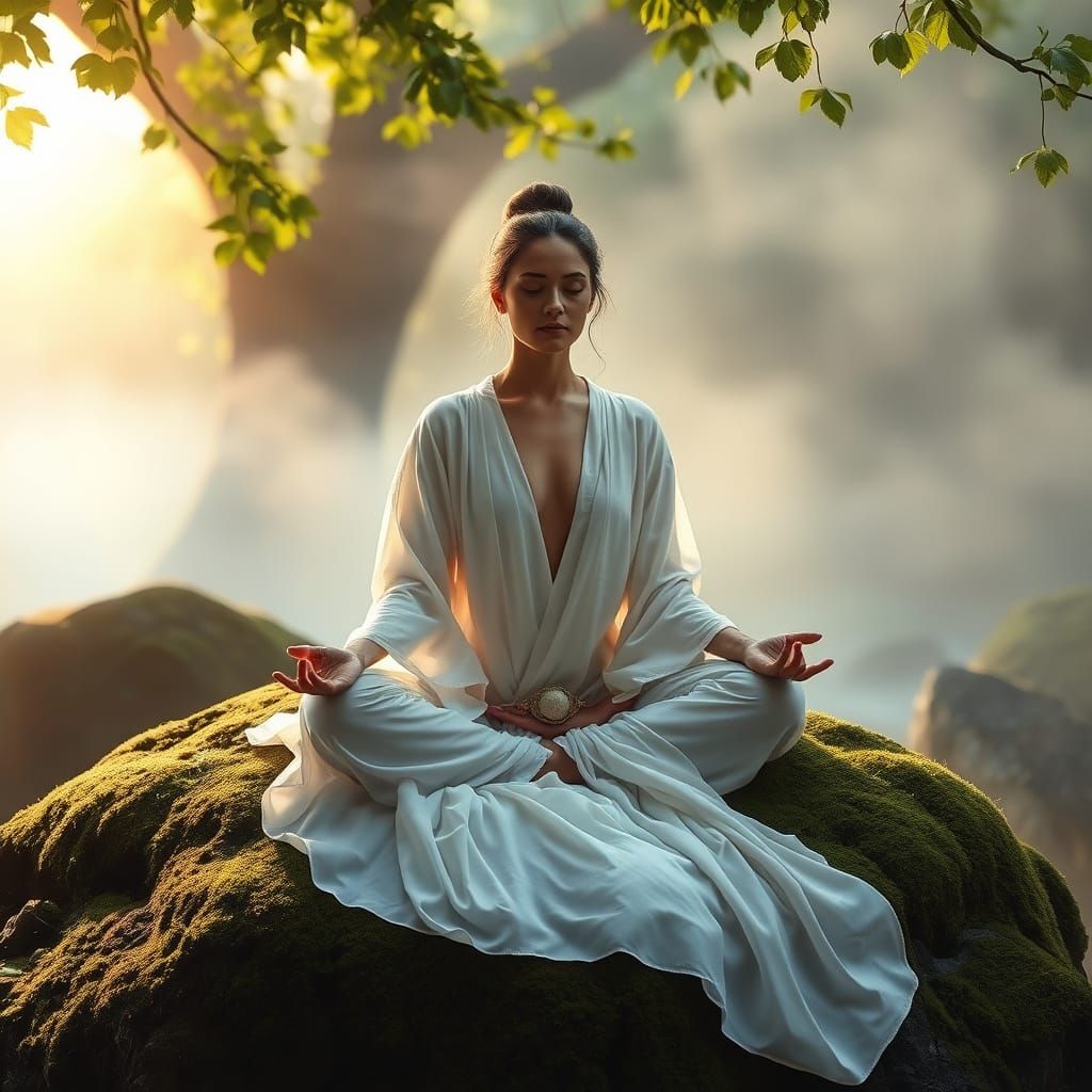 Serene Woman in Contemplative Meditation Amidst Lush Greener...
