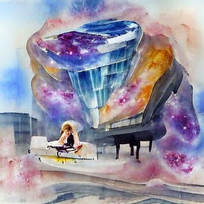 Pianist on Crystal Skyscraper Floating in Space