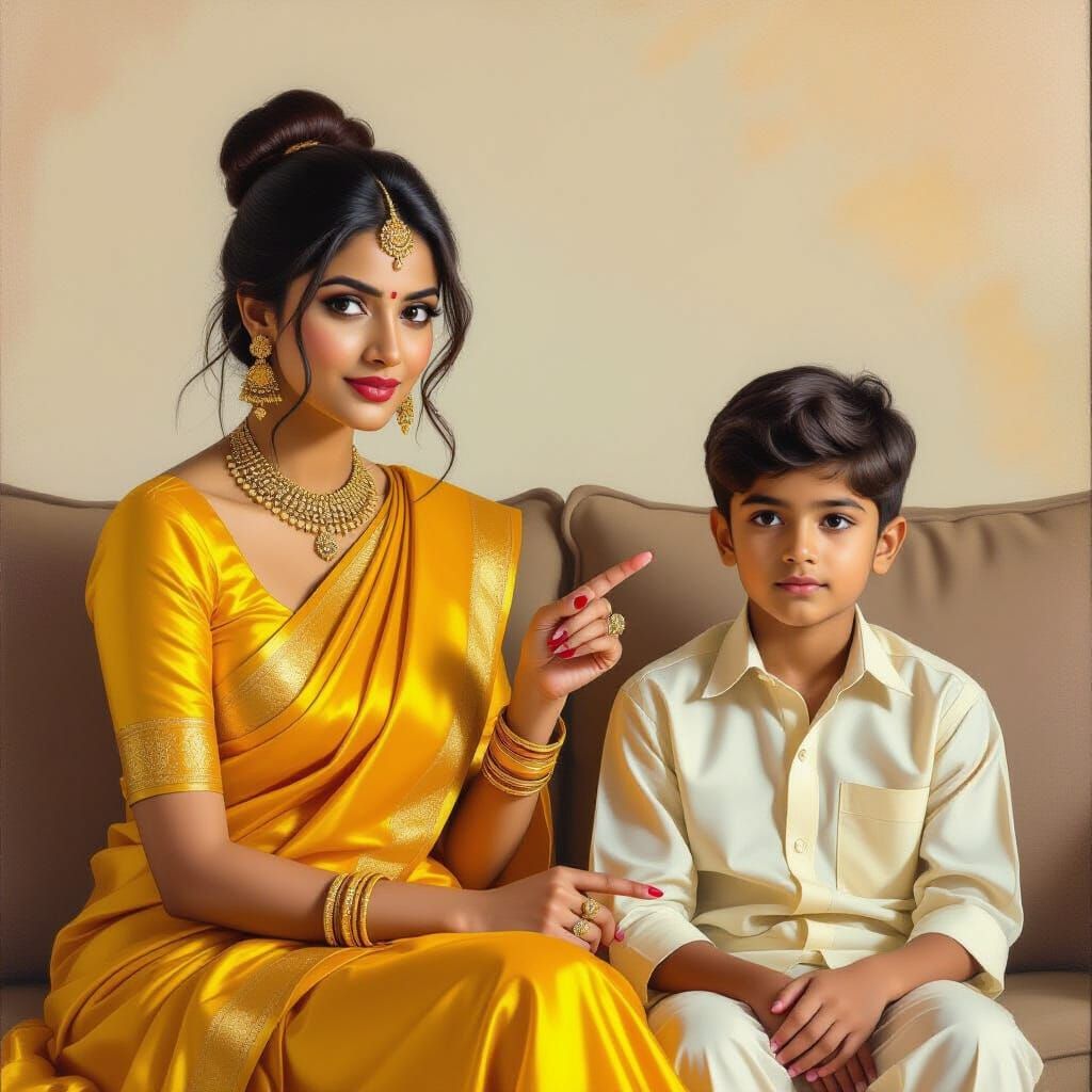 Indian Woman Lecturing Nephew in Oil Painting Style