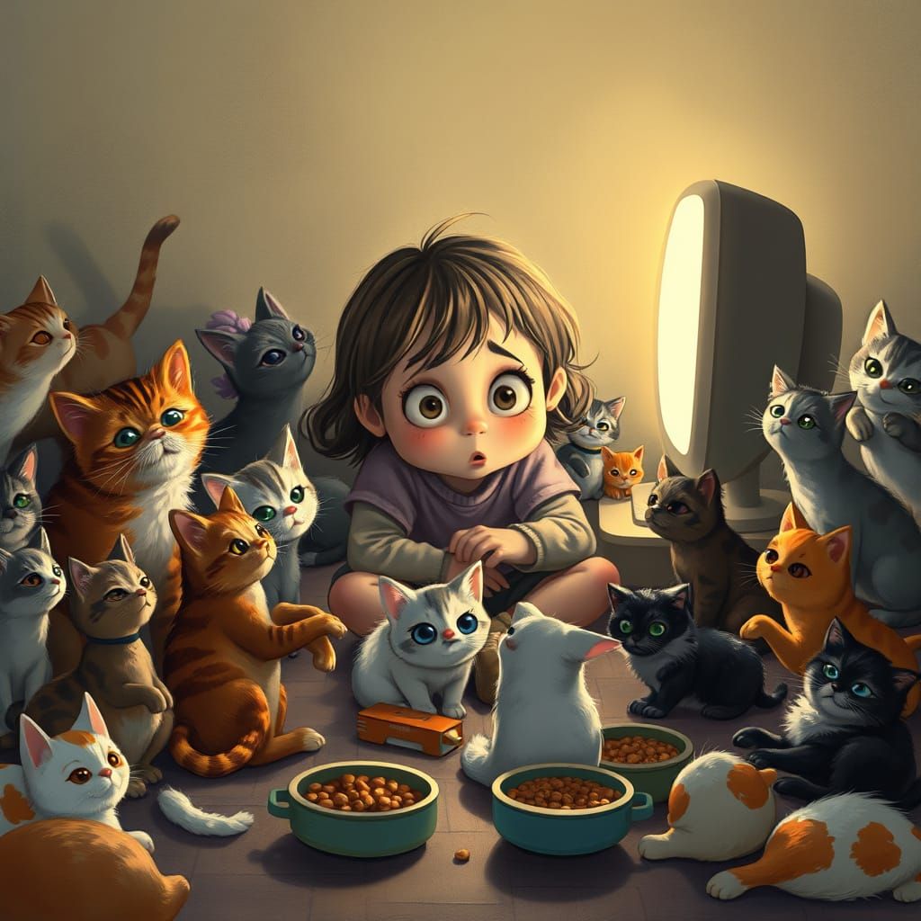 Frightened Girl & Cats in Whimsical Storybook Style