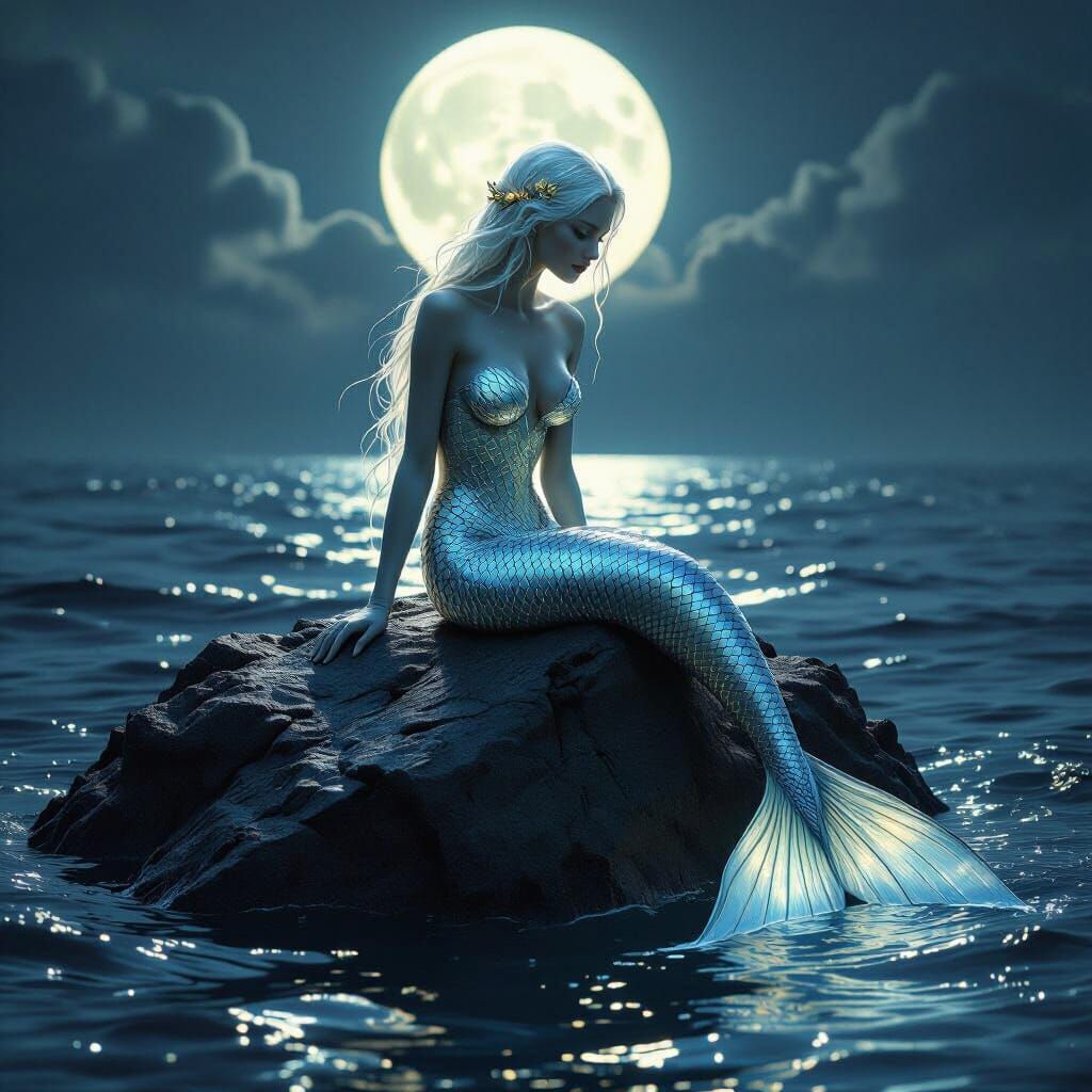 Ethereal Mermaid with Bioluminescent Scales on Moonlit Rock