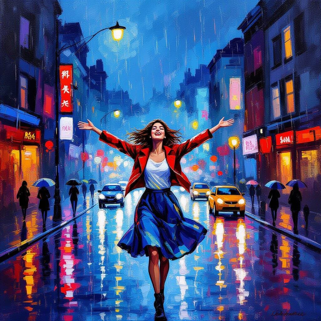 Joyful Dancer in Neon Rain Cityscape
