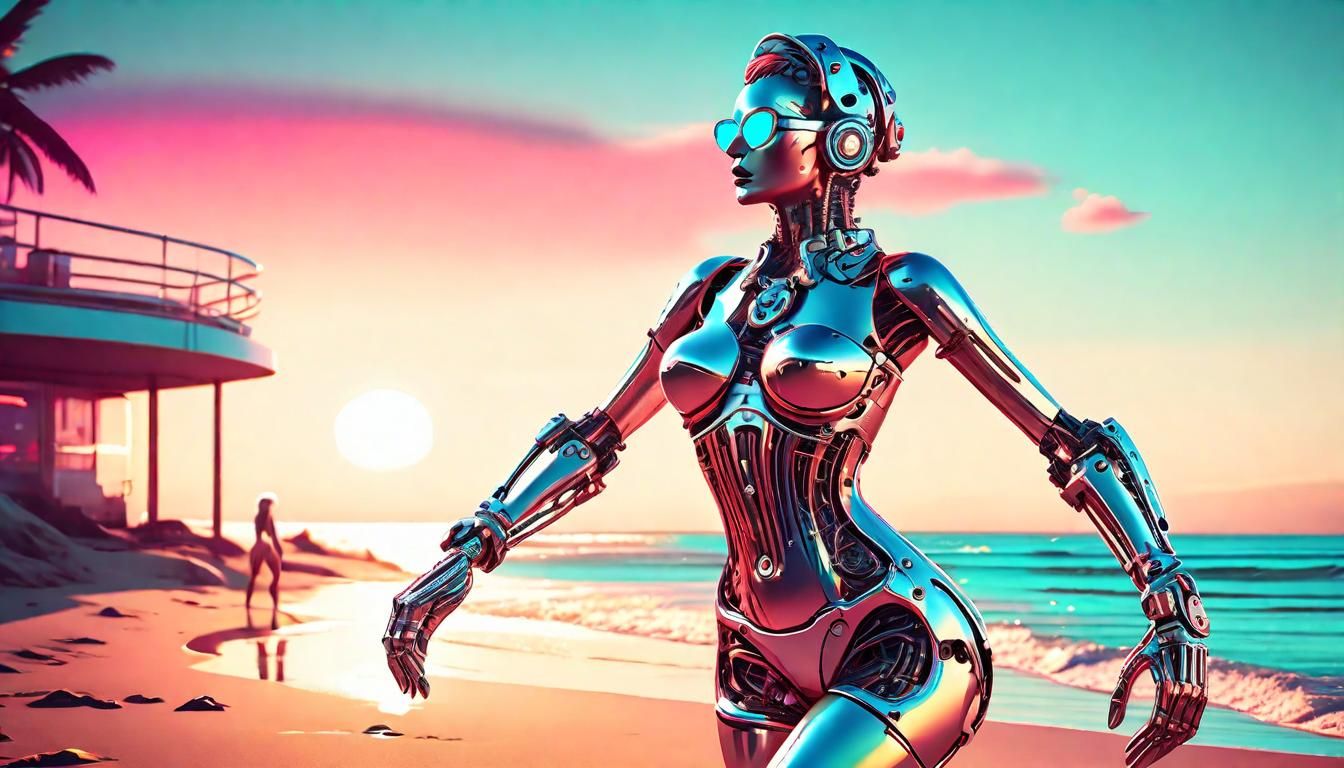 Cyborgs Dancing on Beach in Synthwave Neon Style