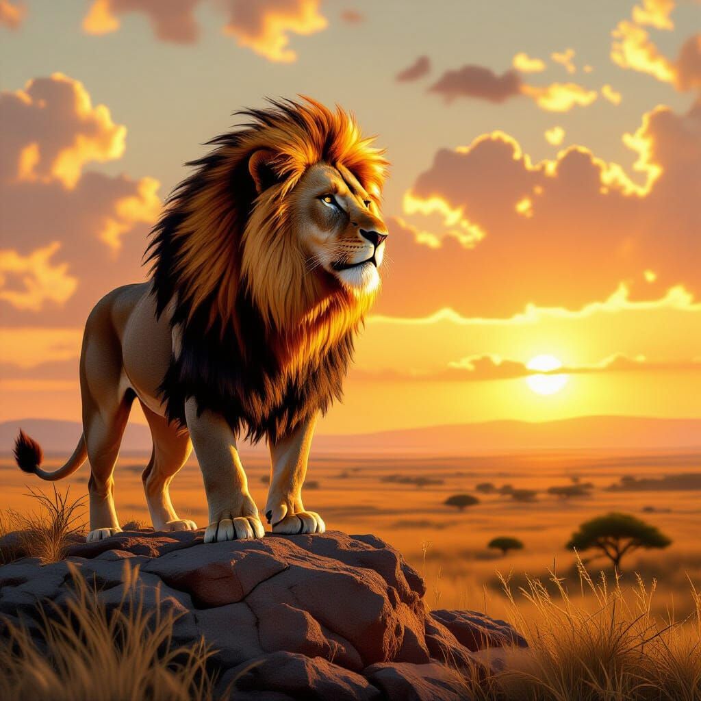 Majestic Lion with Flaming Mane on Savanna