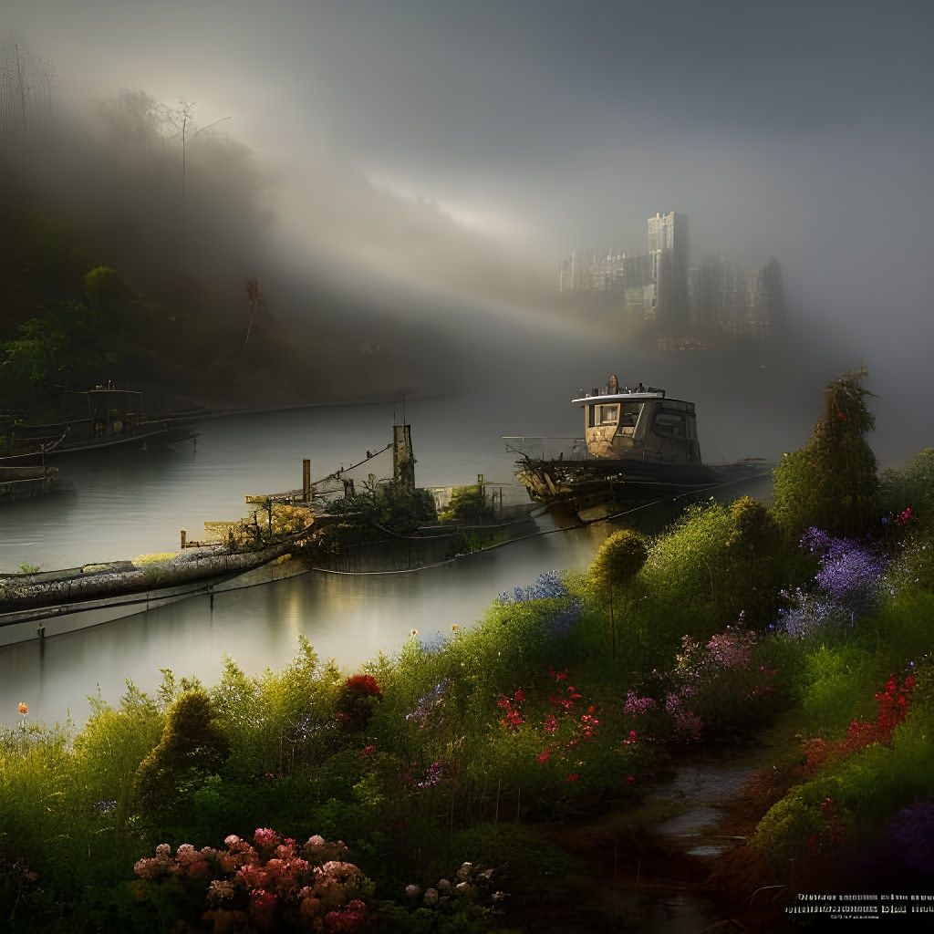 Isometric Post-Apocalyptic Seaport in Dense Fog