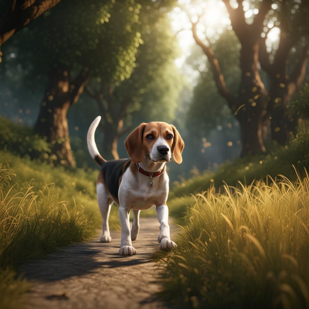 Beagle on Grassy Path in Bright Light: Matte Painting