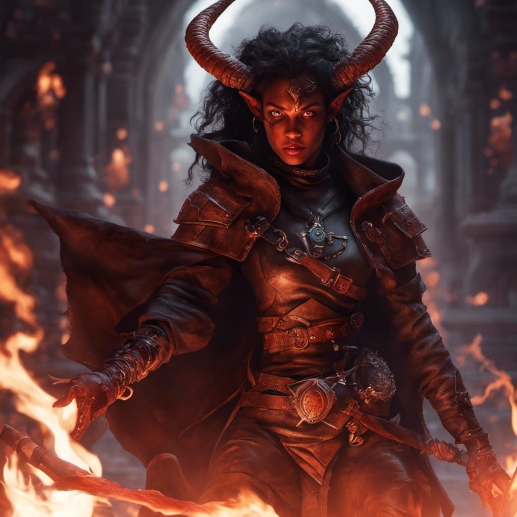 Hyperrealistic Tiefling Thief with Red Skin and Amber Eyes