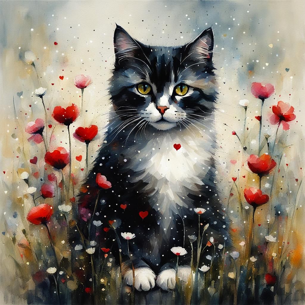Cat Surrounded by Flowers in Watercolor Style