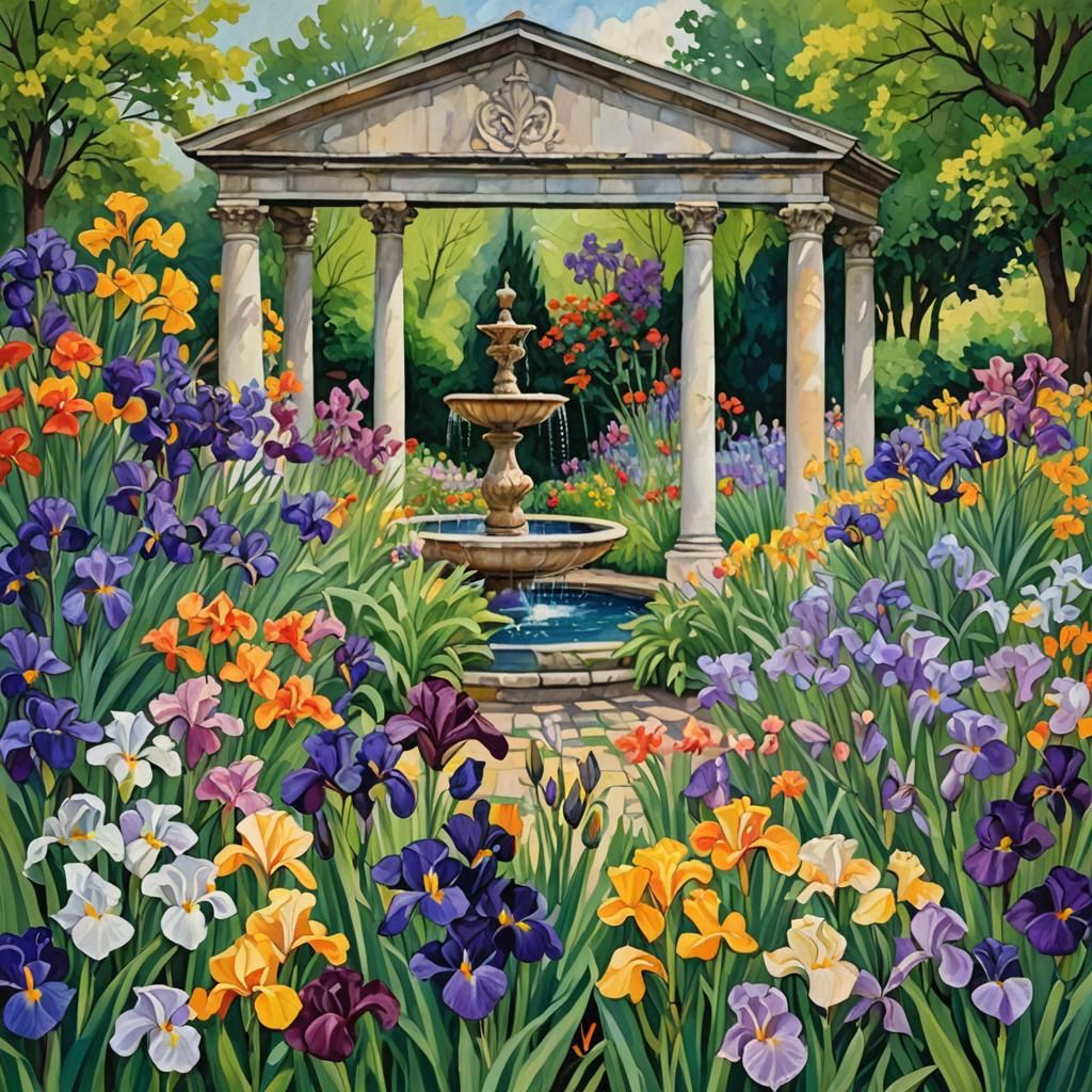 Springtime Garden with Irises: Abstract Art