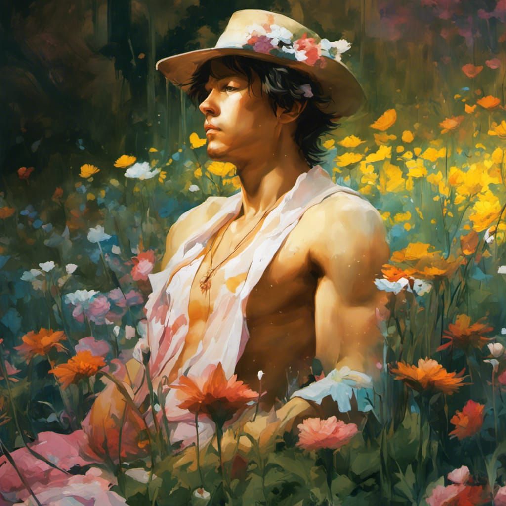 Shirtless Man in Flower Field, Graffiti Art