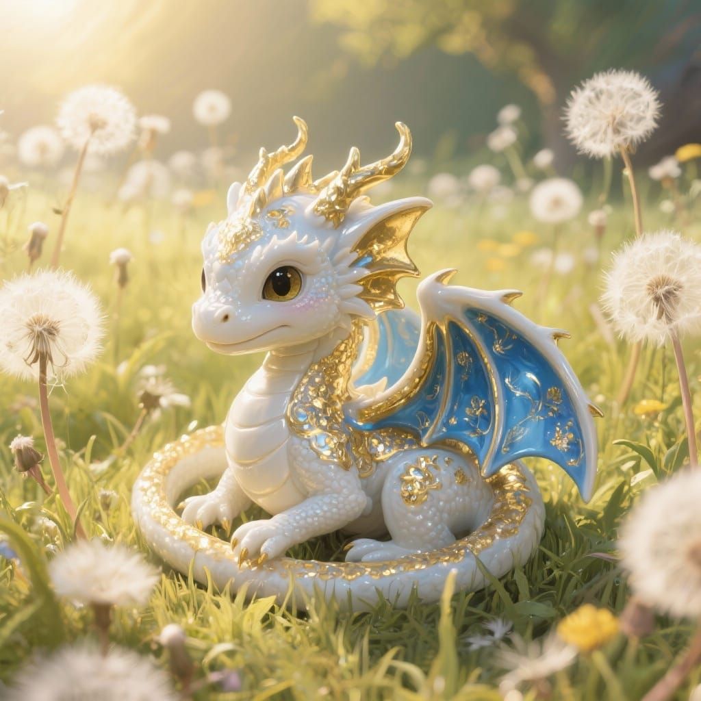 Delicate Porcelain Baby Dragon in Dandelion Field