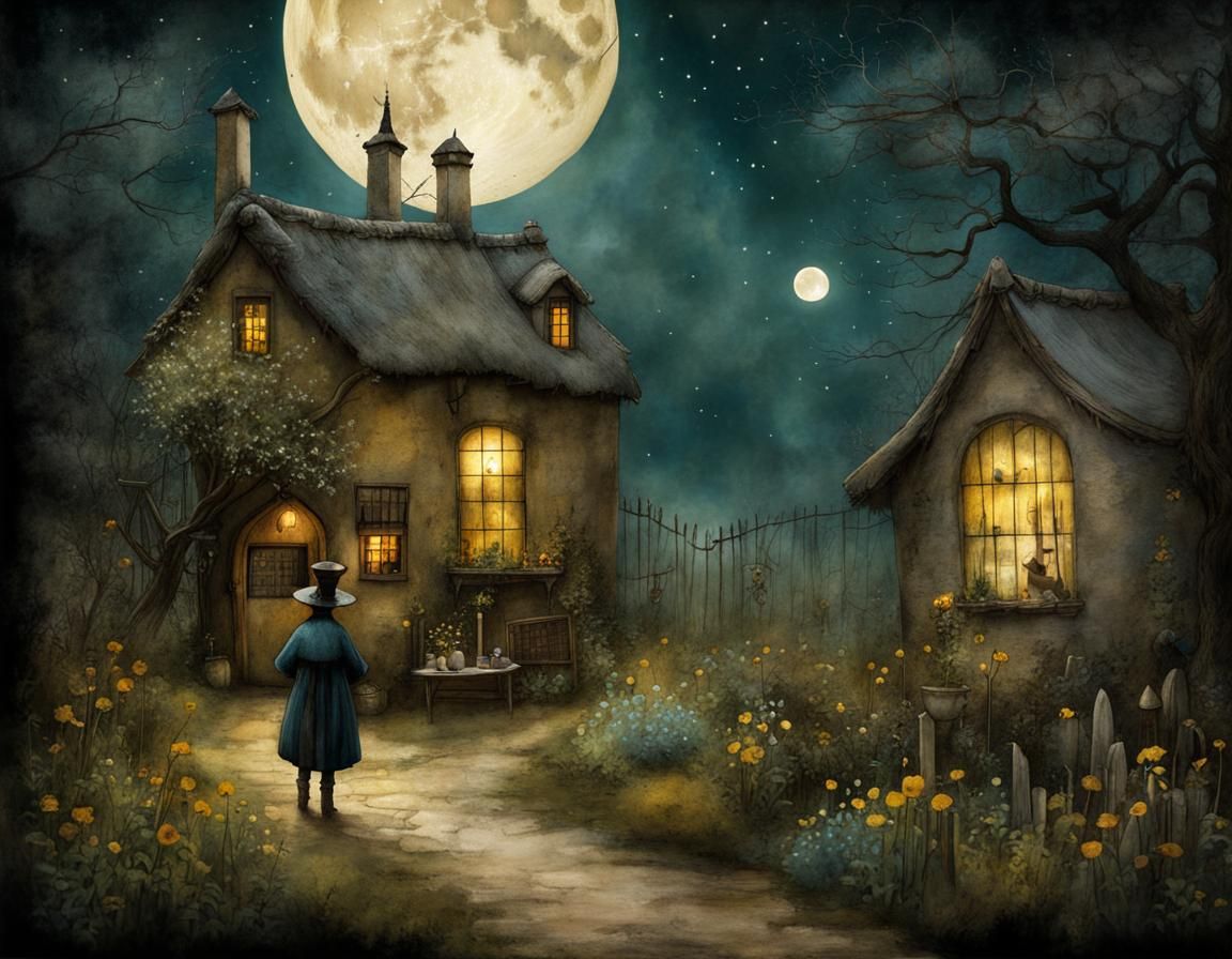 Magical Alchemist Shop Illustration Under the Moon