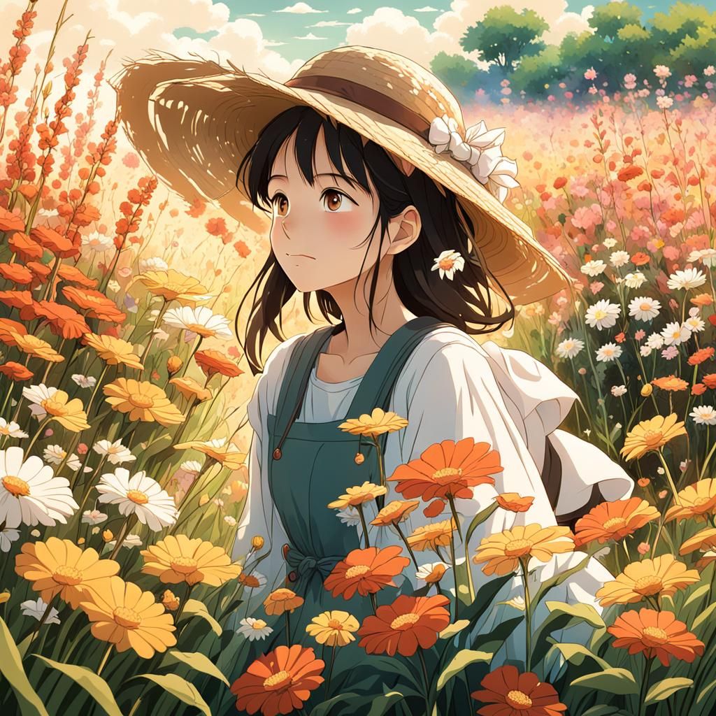Ghibli Style Girl in Flower Field