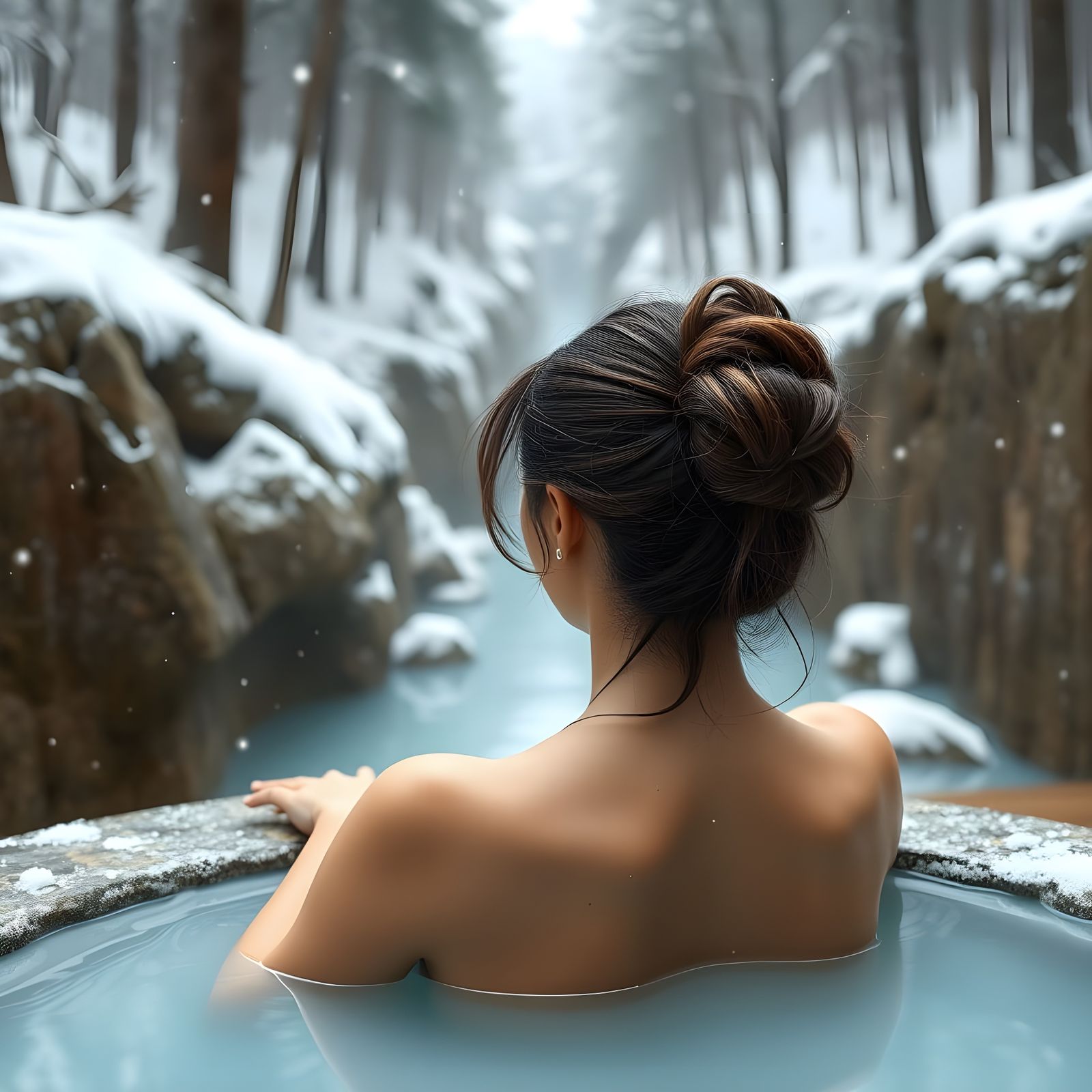 Winter Onsen Serenity in 3D Anime Style