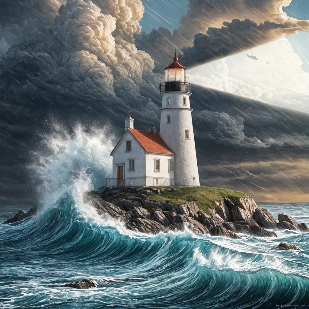Stormy Lighthouse on Rocky Outcrop