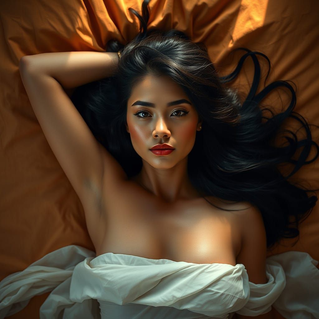 Sensual Hawaiian Goddess Lying in Bed, Floating in Warm Ligh...