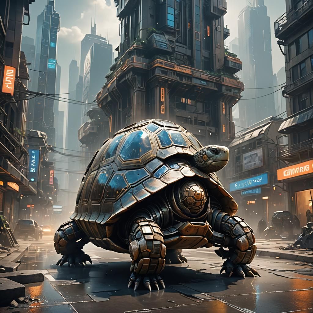 Mechanized Tortoise in Sci-Fi Cityscape