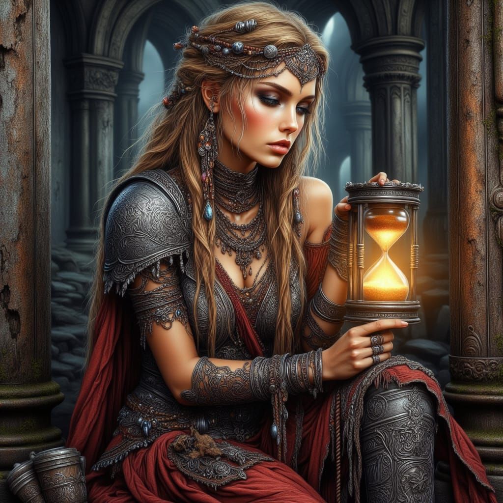 Greek Goddess Warrior with Hourglass, Digital Art