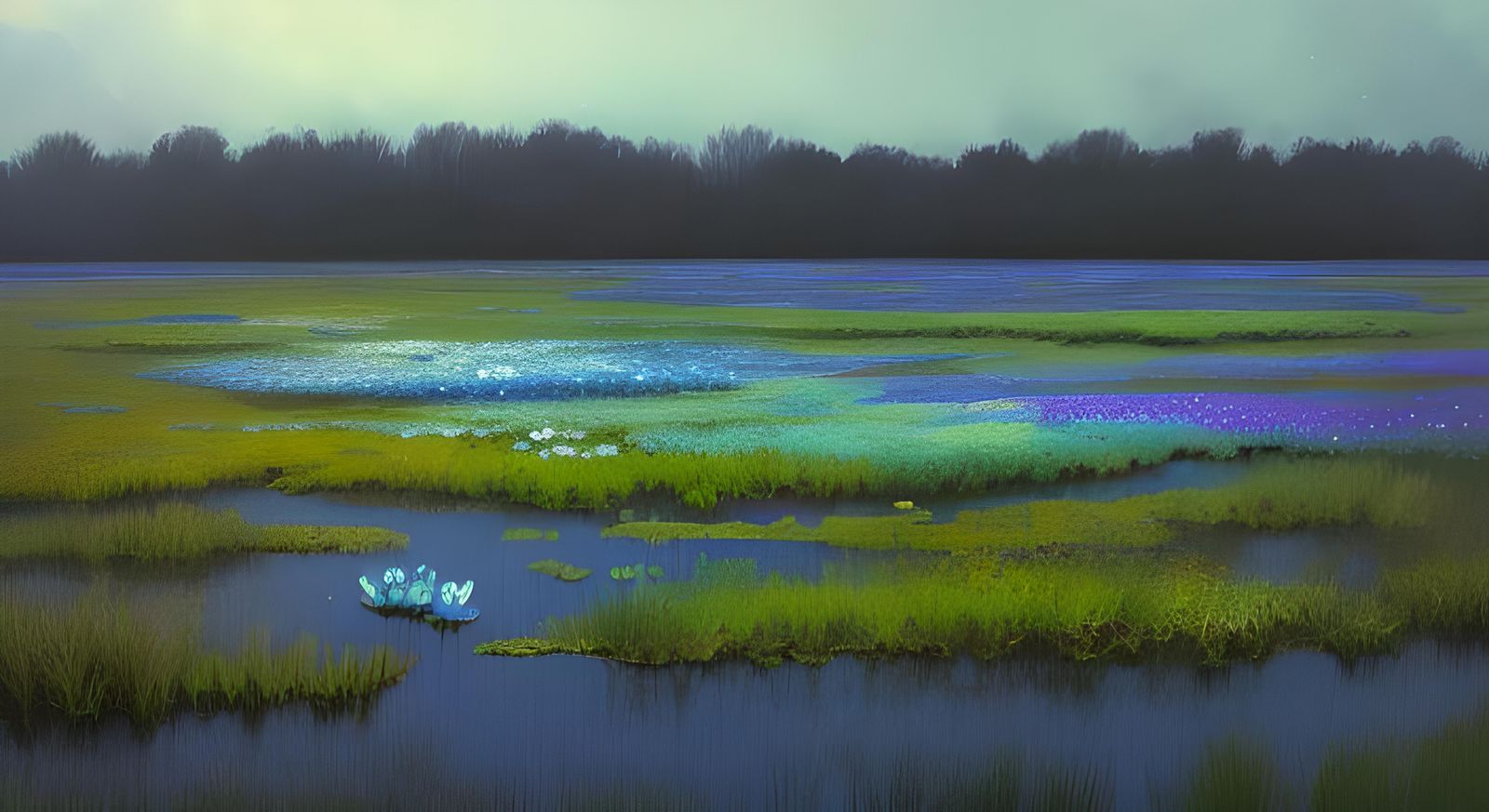 Iridescent Blue Swamp Flowers in the Wind