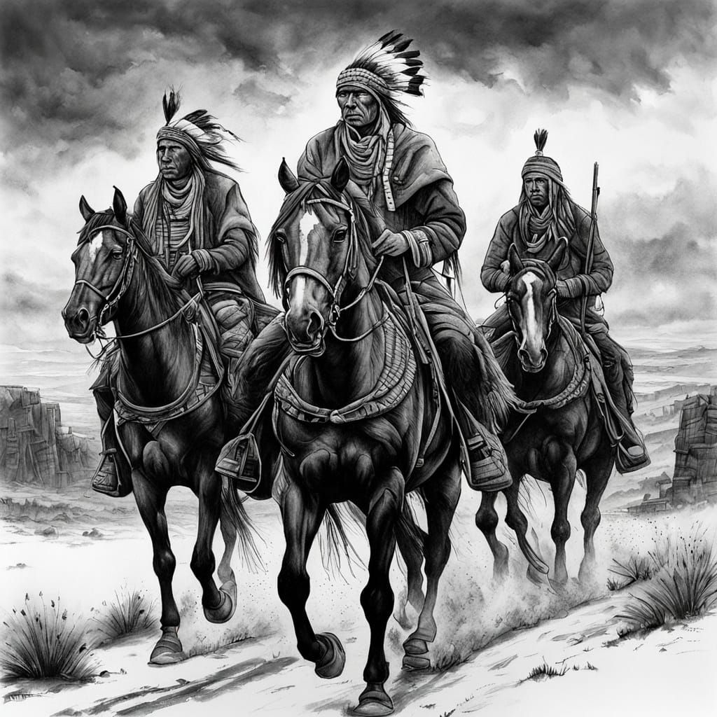 Native American Horse Raiders in Winter: Charcoal Drawing