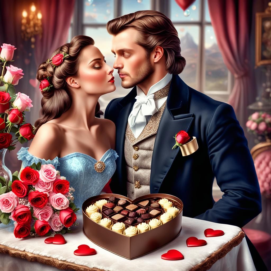 Romantic Valentine's Day Portrait of Couple Sharing Chocolat...