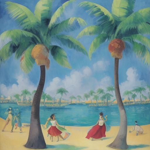 Tropical Dancers Under Palm Trees in Post-Impressionist Styl...