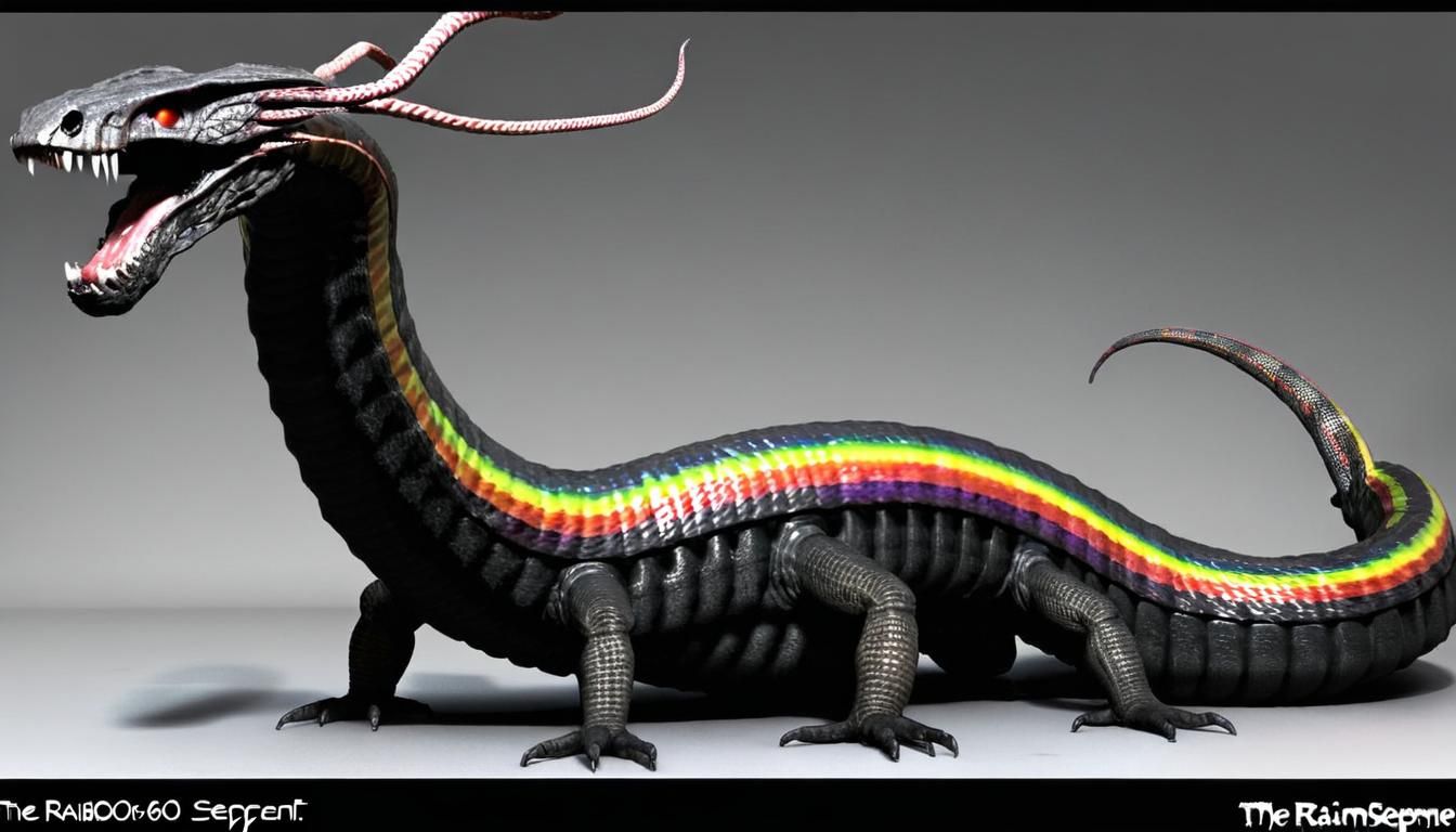 Majestic Rainbow Serpent with Horns and Prismatic Stripes