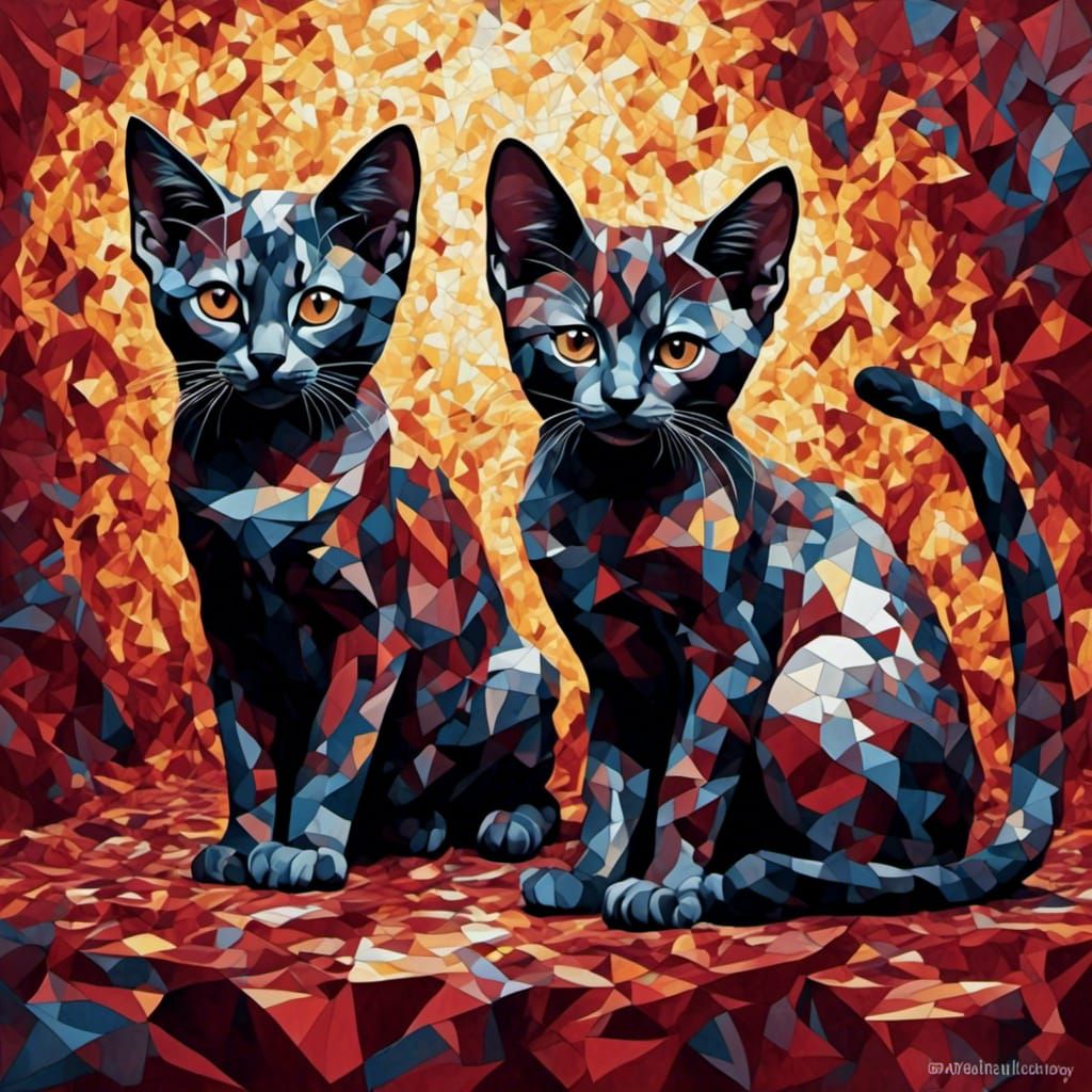 Burmese Kittens Playing in Abstract Mosaic Style