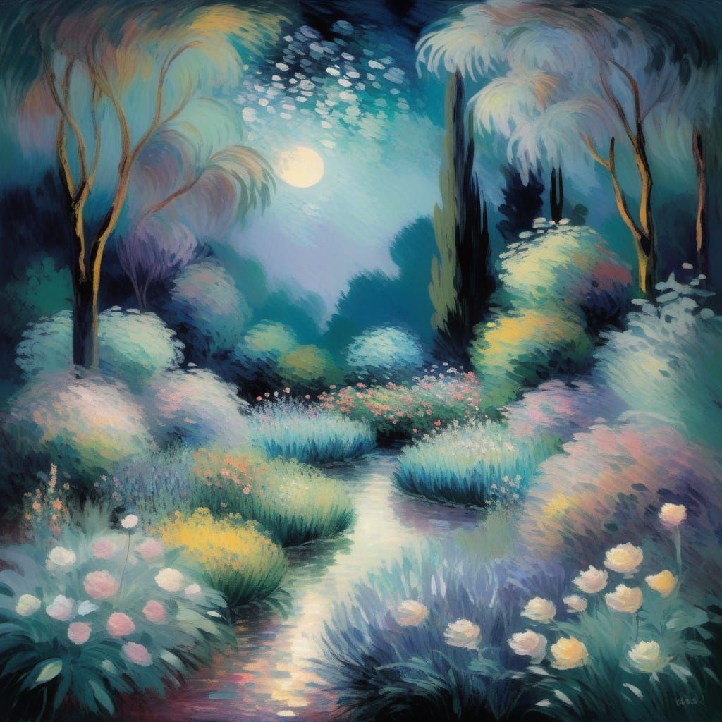 Moonlit Garden in Impressionist Style with Iridescent Colors
