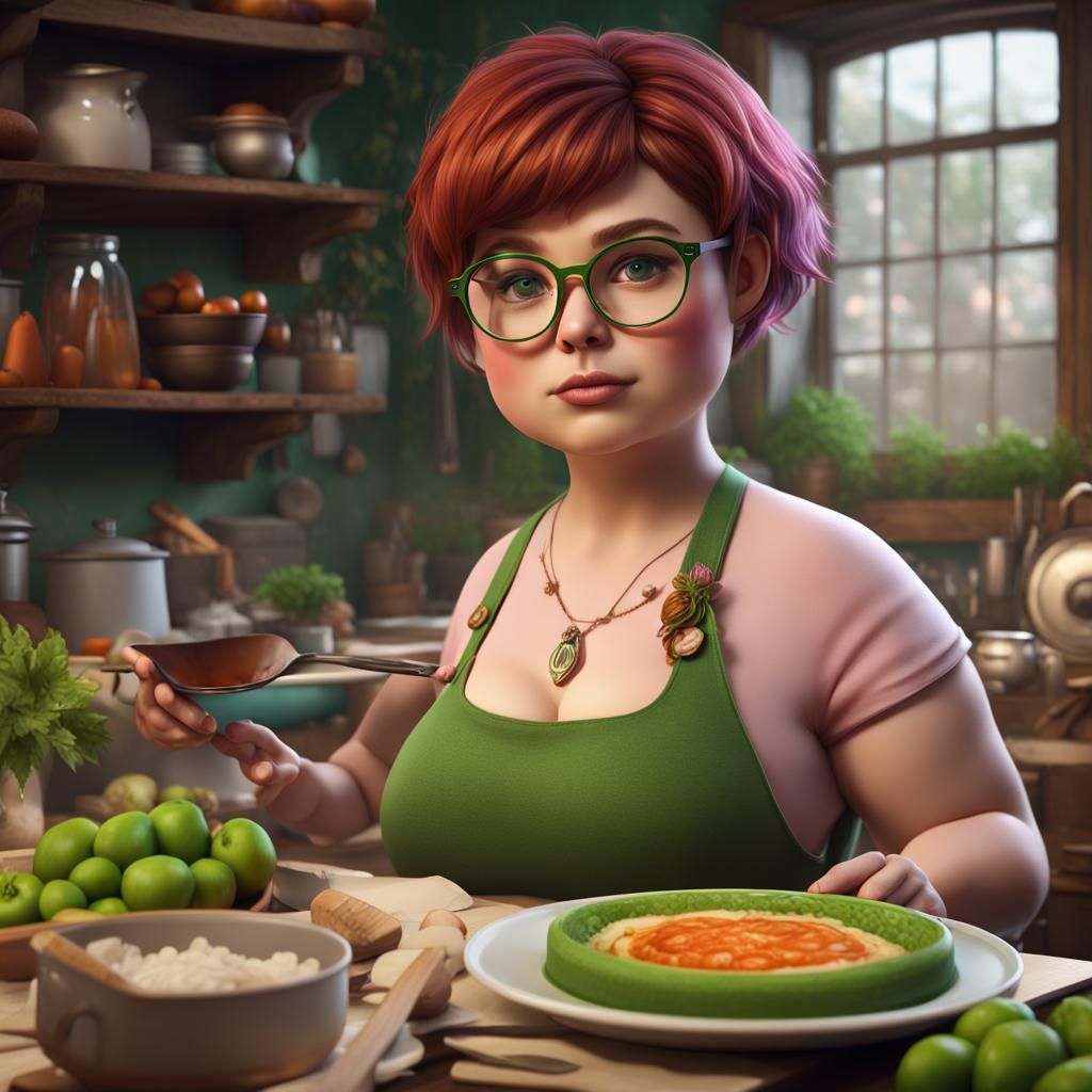 Chubby Woman with Pixie Cut: Detailed Digital Art