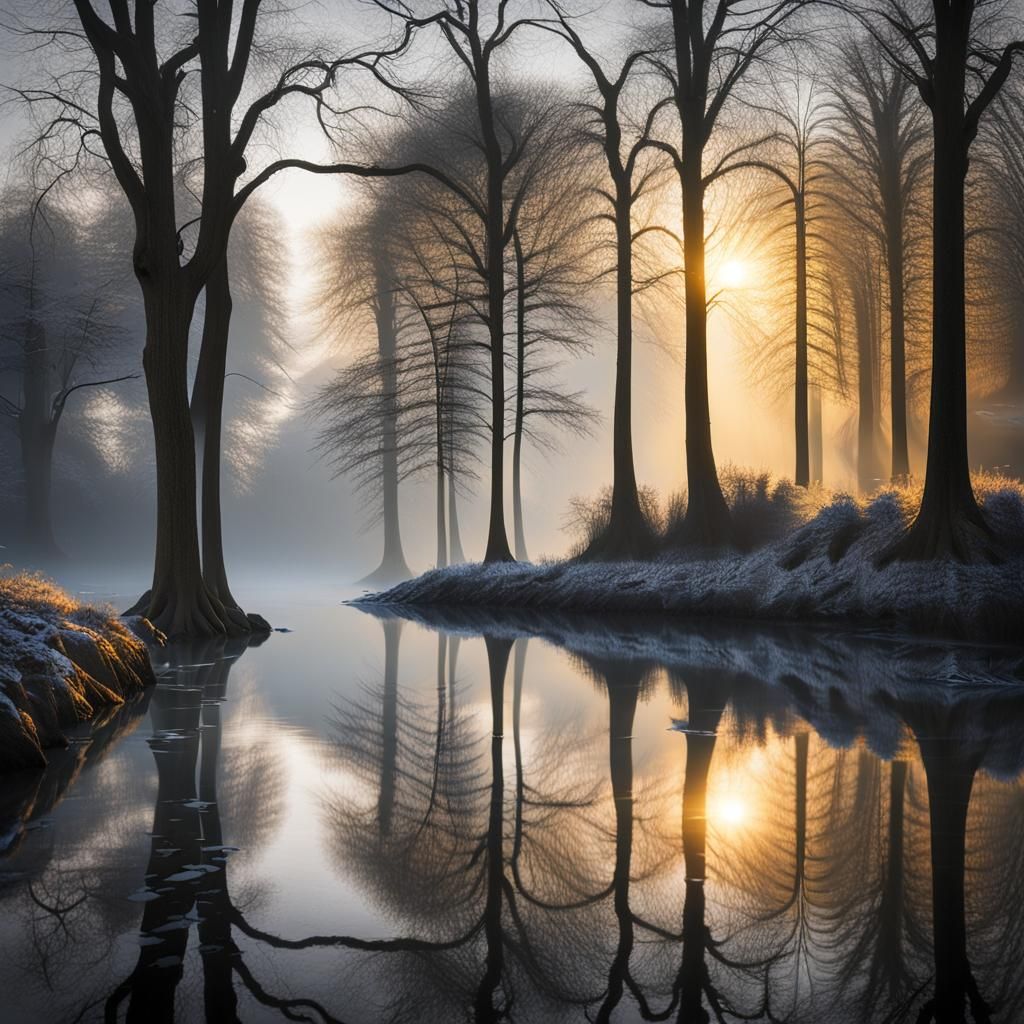 Winter Landscape with Golden Sunlight Reflection