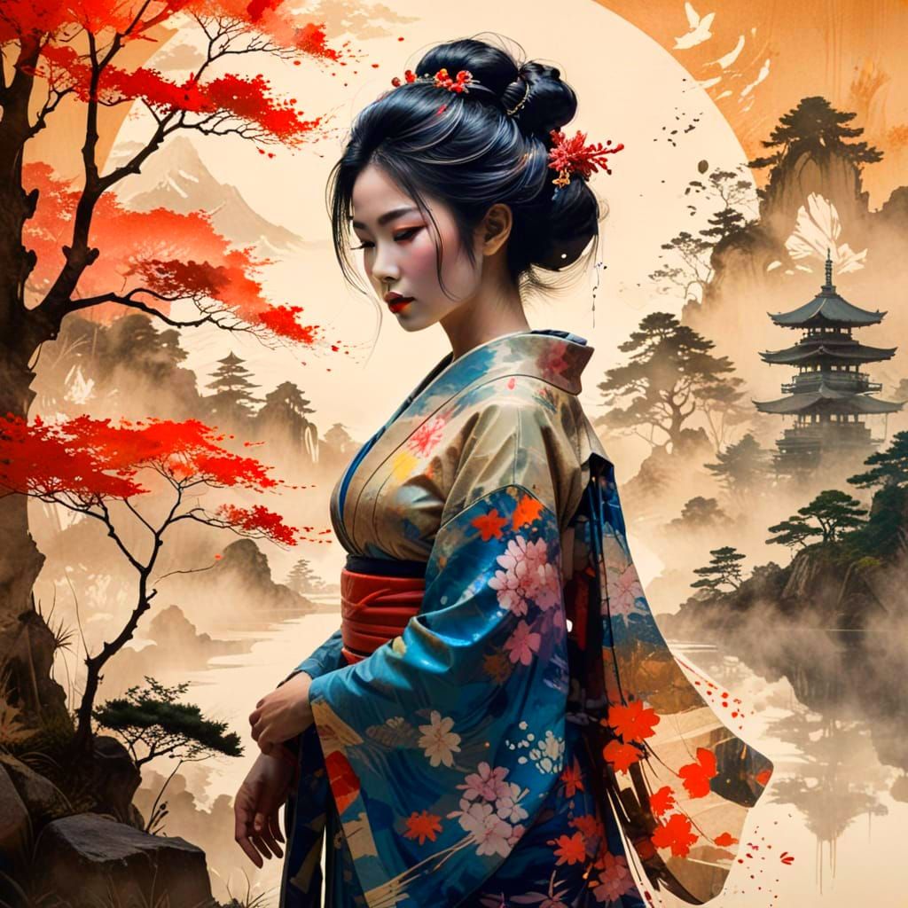 Geisha Silhouette with Double Exposure Japanese Landscape Ar...