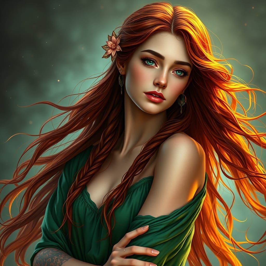Ethereal Woman with Auburn Hair in Art Nouveau Style