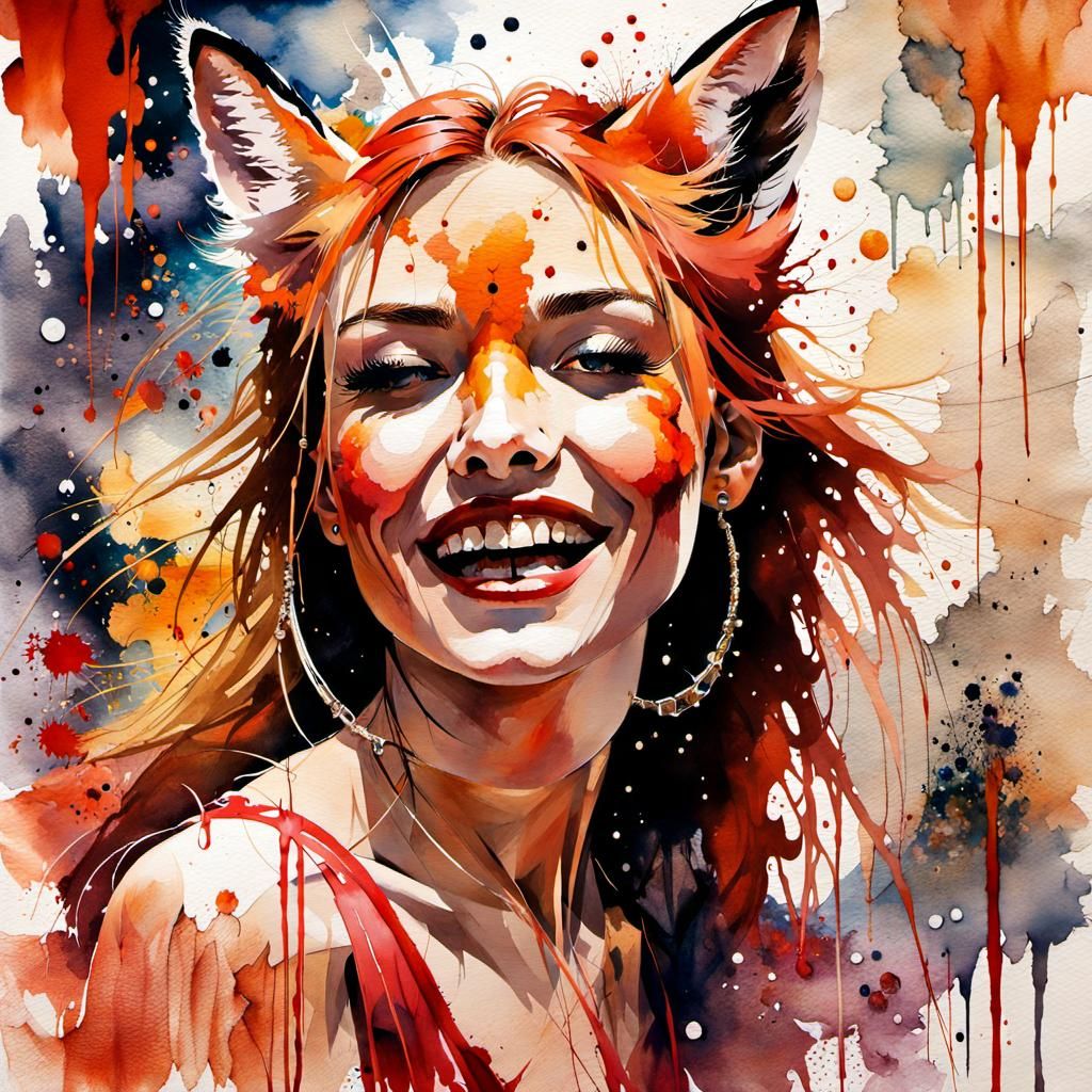 Fox Laughing in Transparent Floral Landscape Watercolor