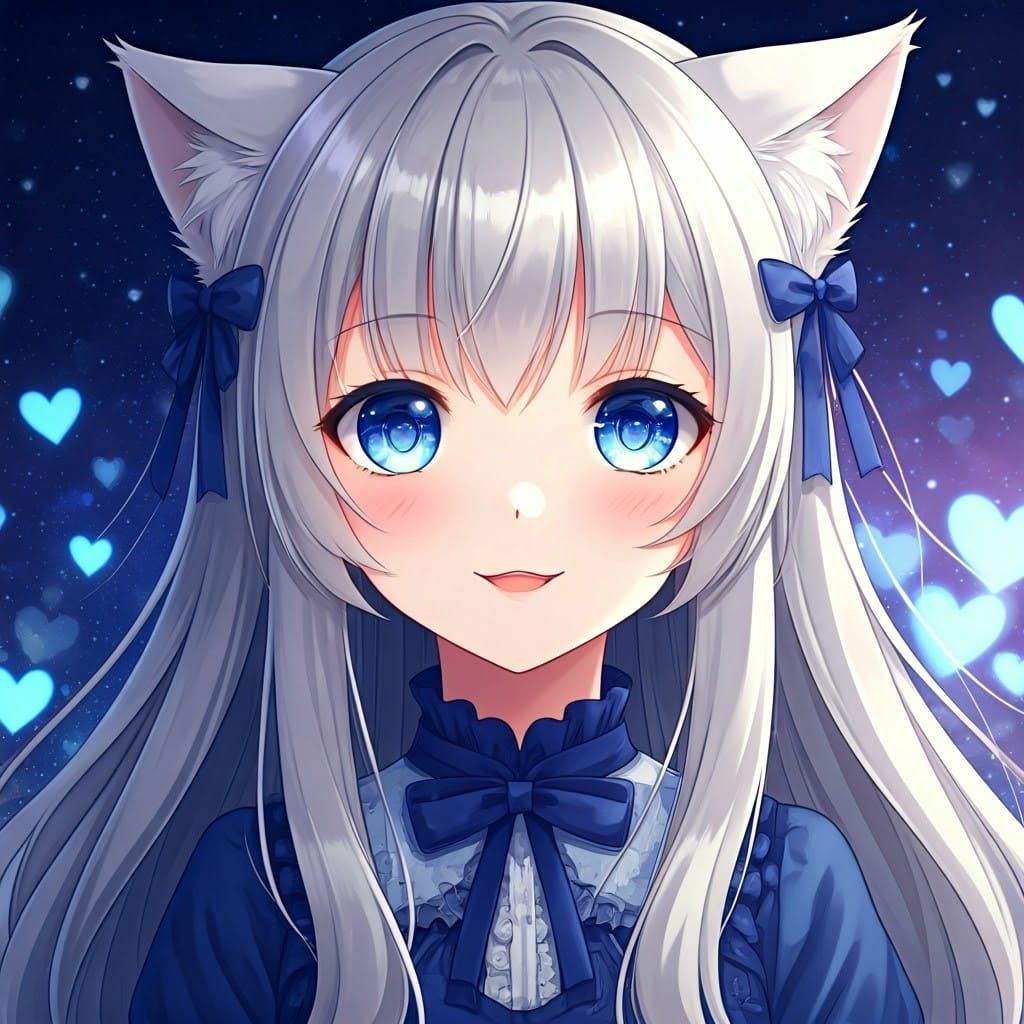 Anime Catgirl with Oversized Deep Blue Eyes in Dreamy, Starr...