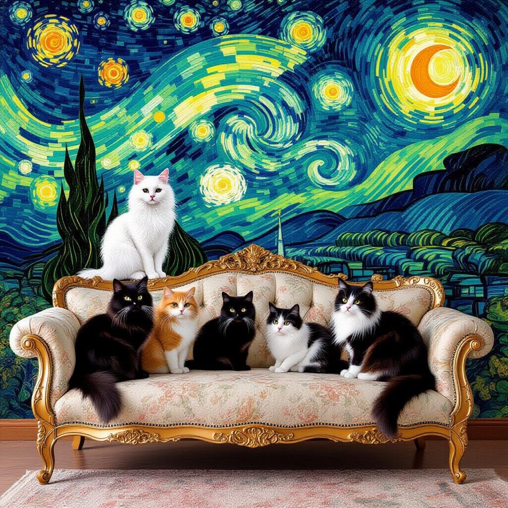 Elegant Cats on Vintage Sofa in Klimt Style