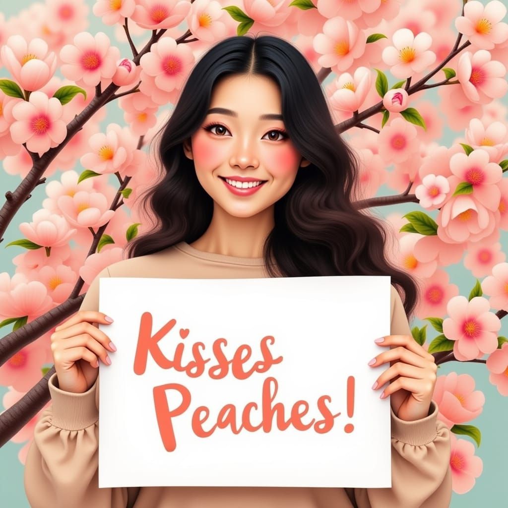 Whimsical Woman Surrounded by Soft Peach Blossoms