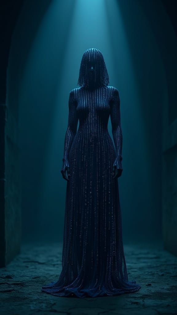 Woman Shrouded in IBM Blue Binary Code, 70mm-Inspired Dystop...