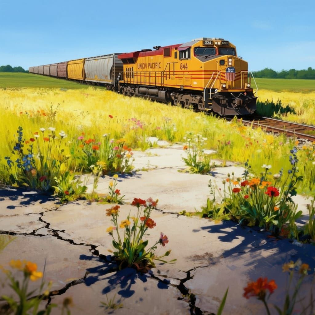 Vintage Train in Vibrant Colors Amidst Wildflowers