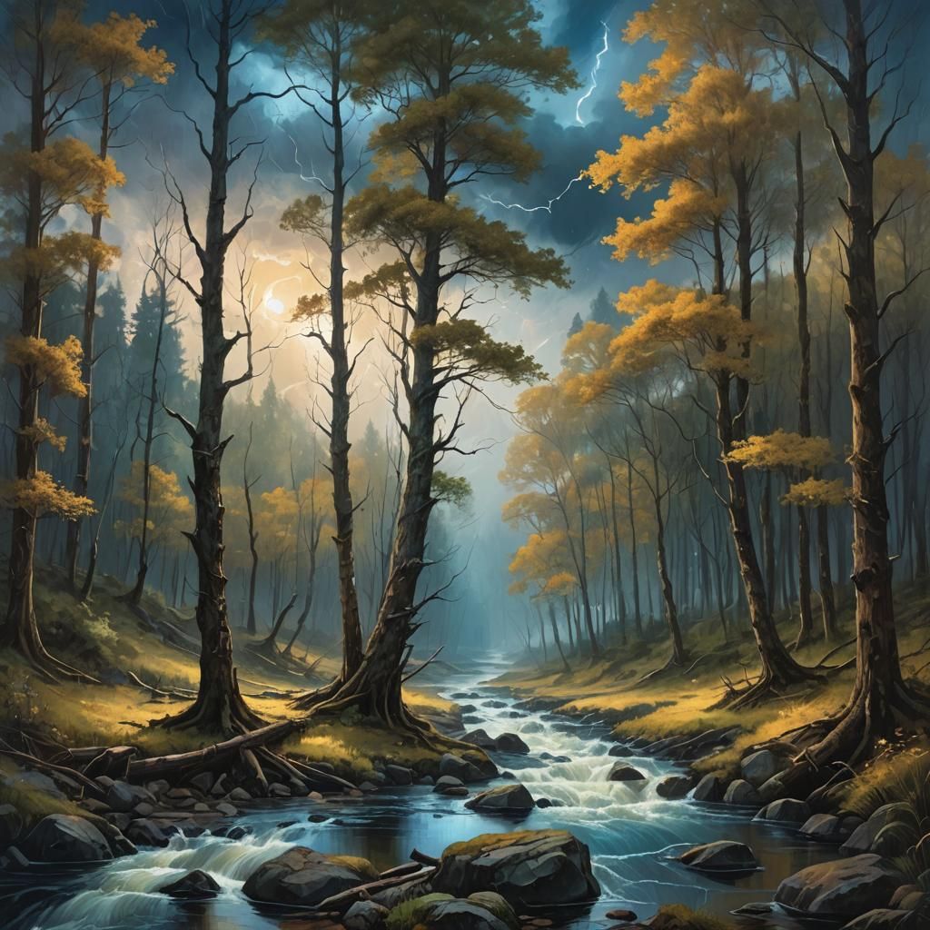 Mystical Forest River in Expressionist Style