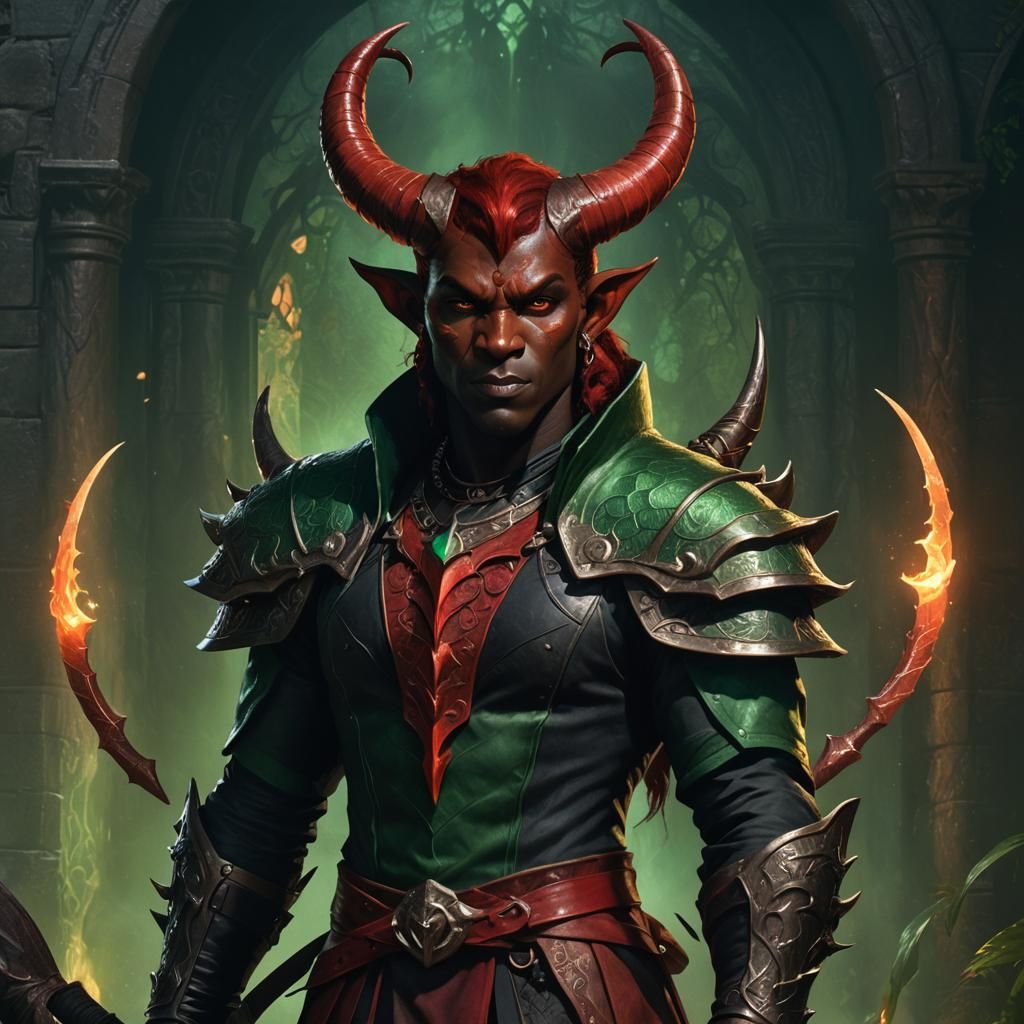 Confident Black Tiefling with Red Horns: Fantasy Art