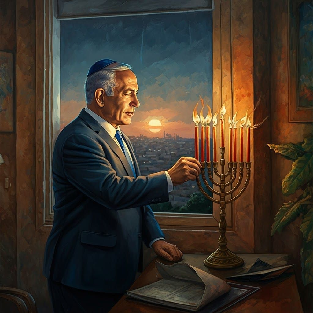 Israeli Leader Lights Hanukkah Menorah in Sunset Office Scen...