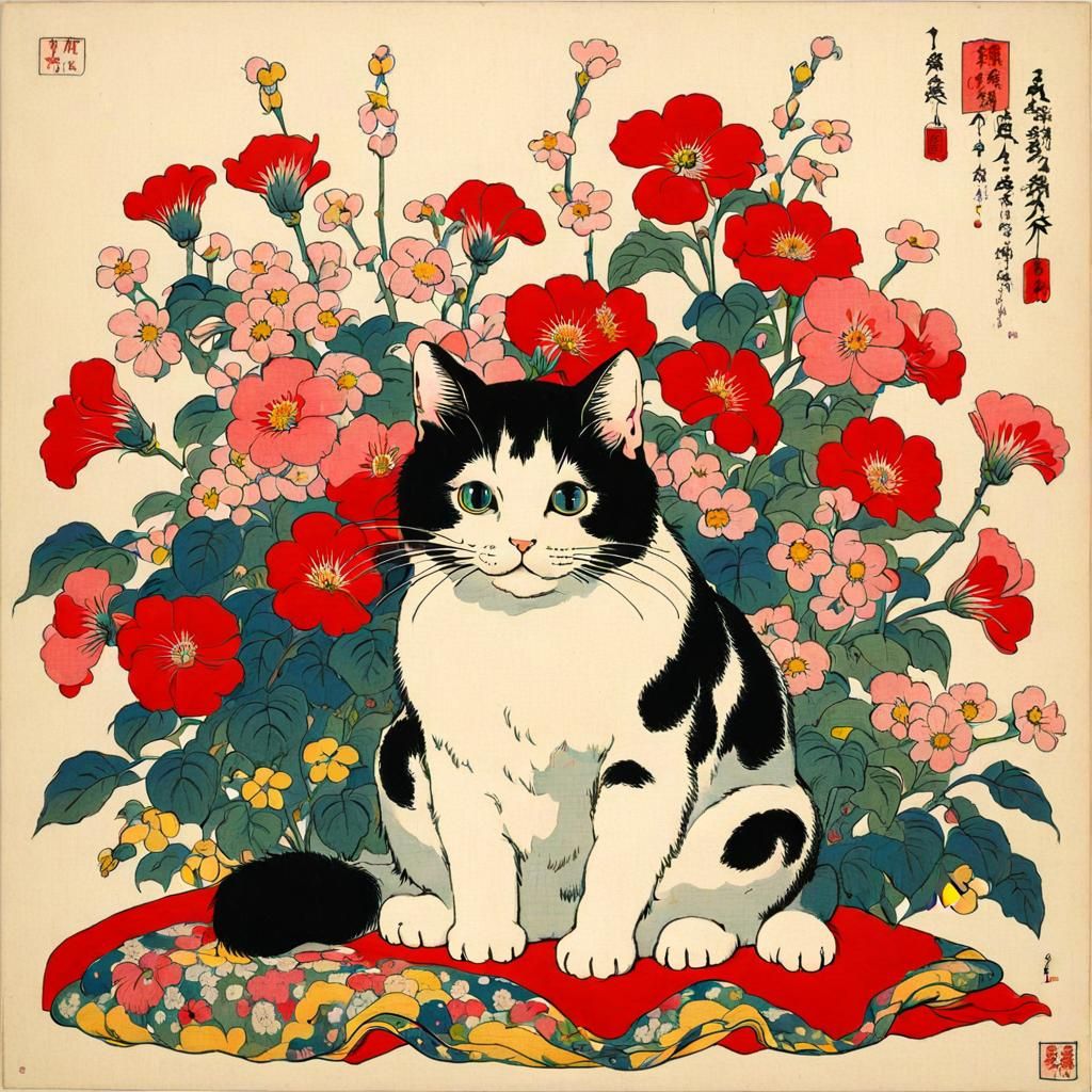 Cute Cat Surrounded by Flowers in Ukiyo-e Style