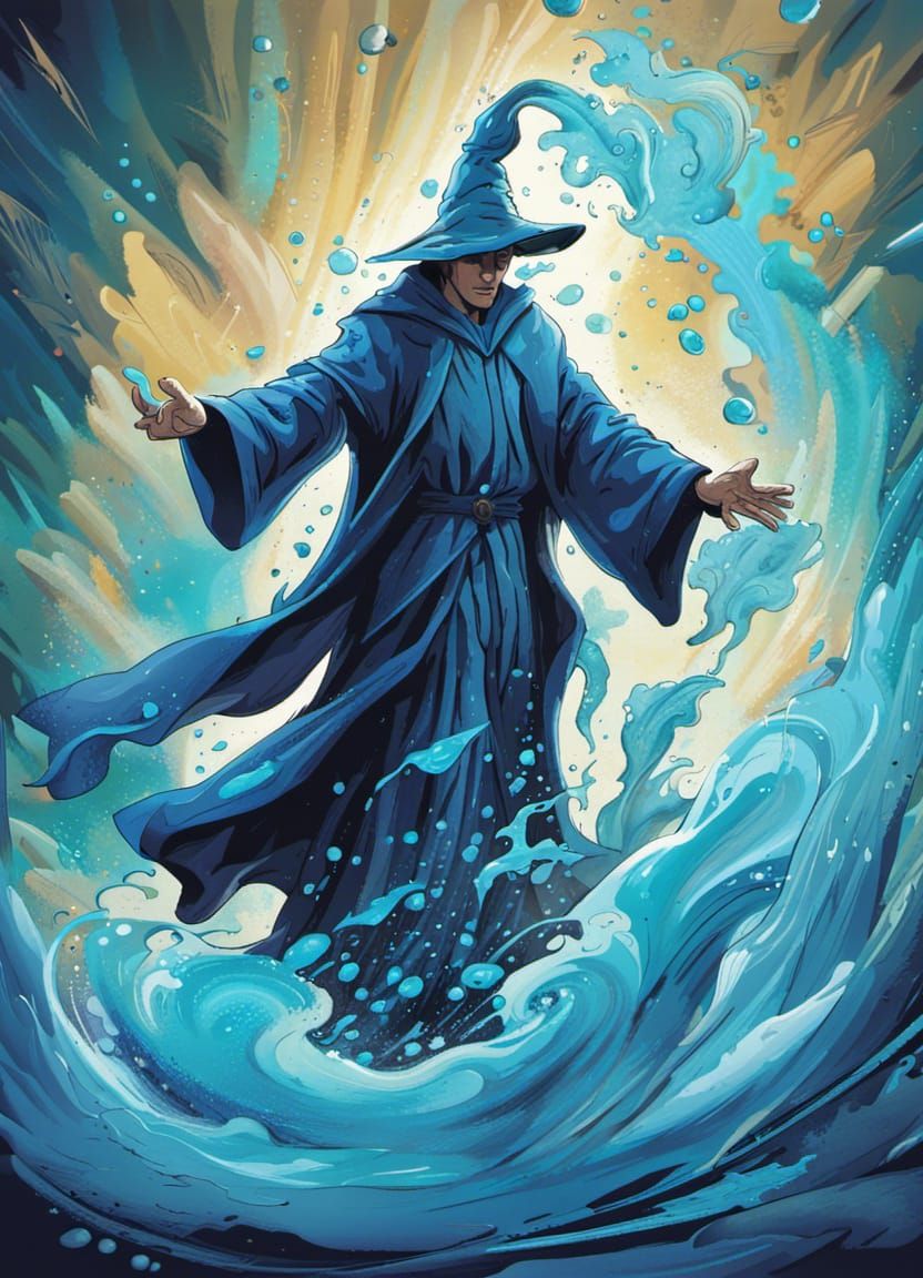 Wizard Controls Blue Water: Graffiti Art Illustration