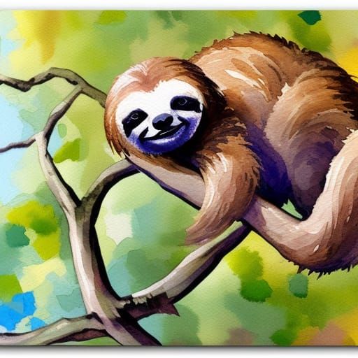 Sleepy Sloth in Gouache Watercolor Style