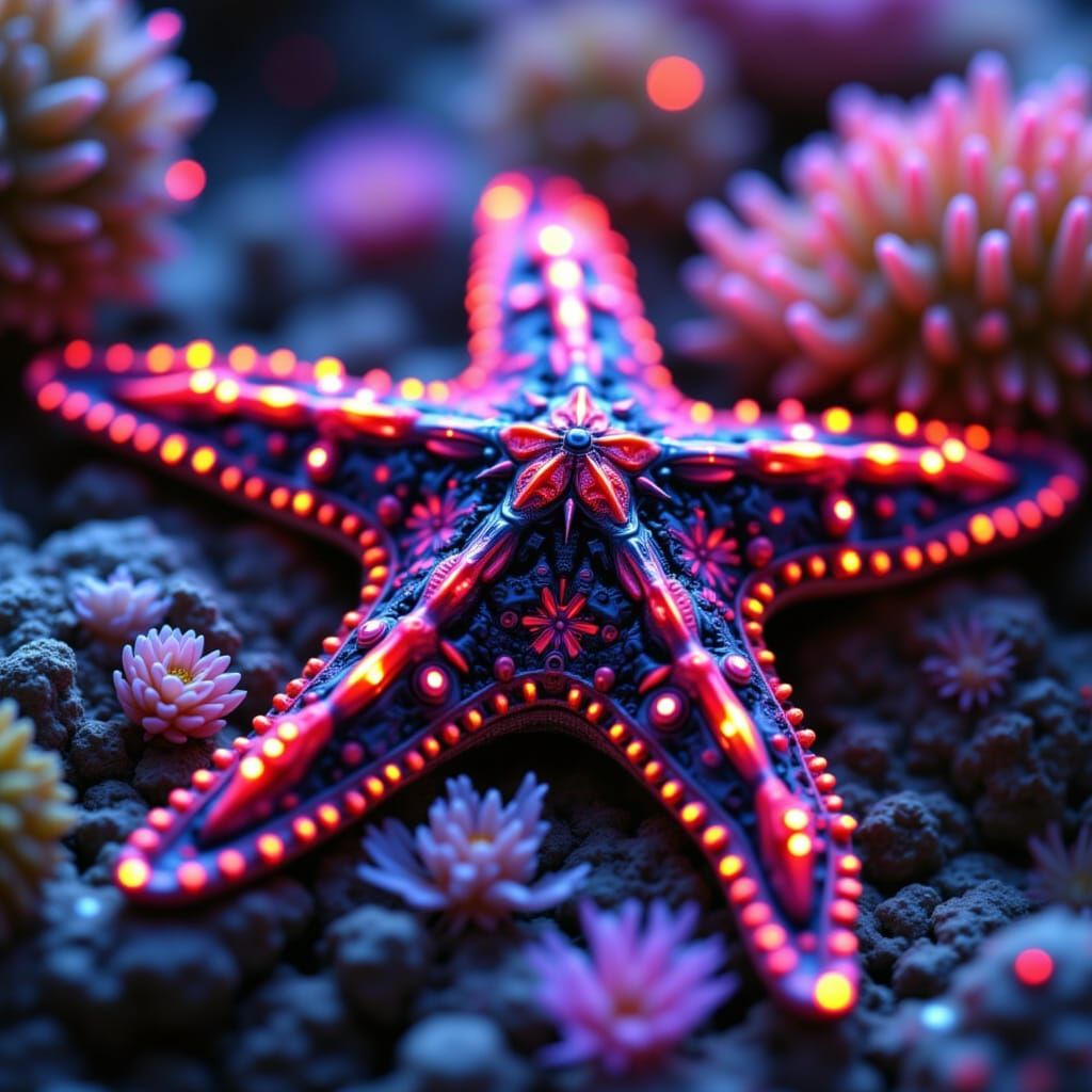 Cyberpunk Starfish in Vibrant Reef Digital Painting