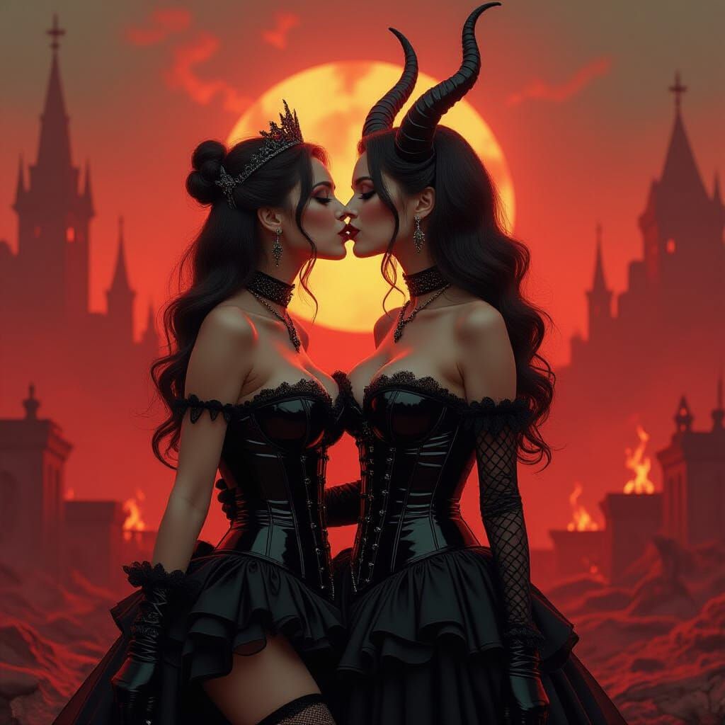 Elegant Ladies Kiss Demon in Hellish Landscape