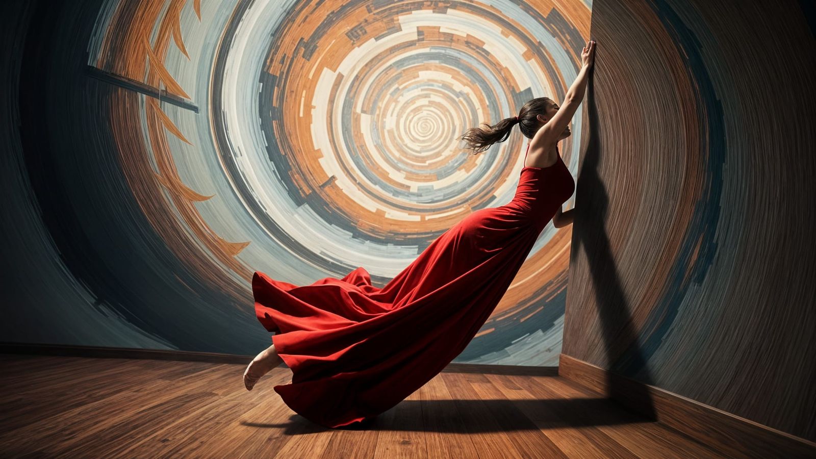 Surreal Tilted Room Scene with Woman in Red